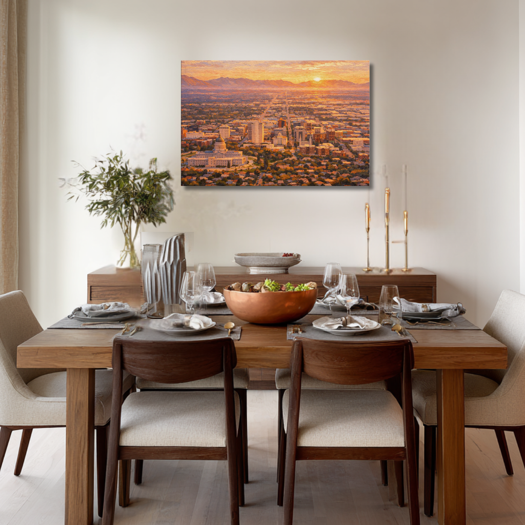 Dining room with wooden table and chairs, set for a meal, an canvas wall art of Salt Lake City Utah taken from Ensign Peak hanging on the wall.
