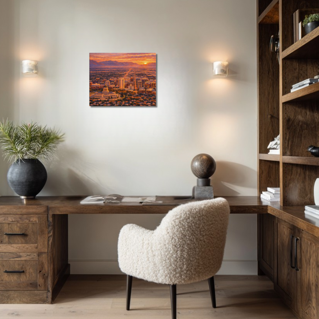 Modern home office with wooden desk, chair, and canvas wall art of Salt Lake City Utah at sunset hanging above the desk.