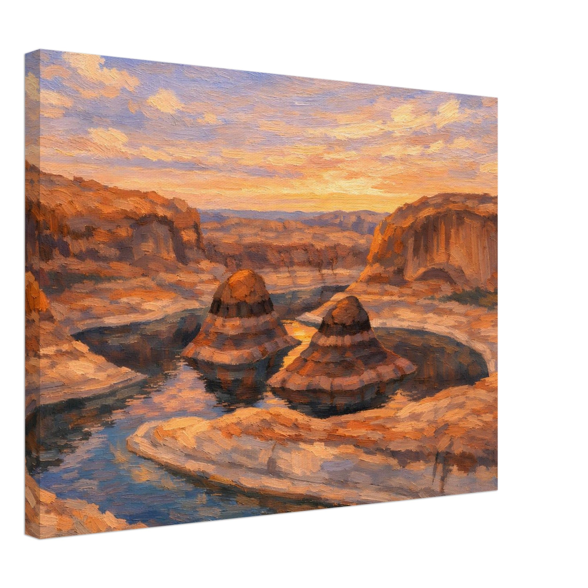 Canvas print of a desert landscape with rock formations and a sunset sky.