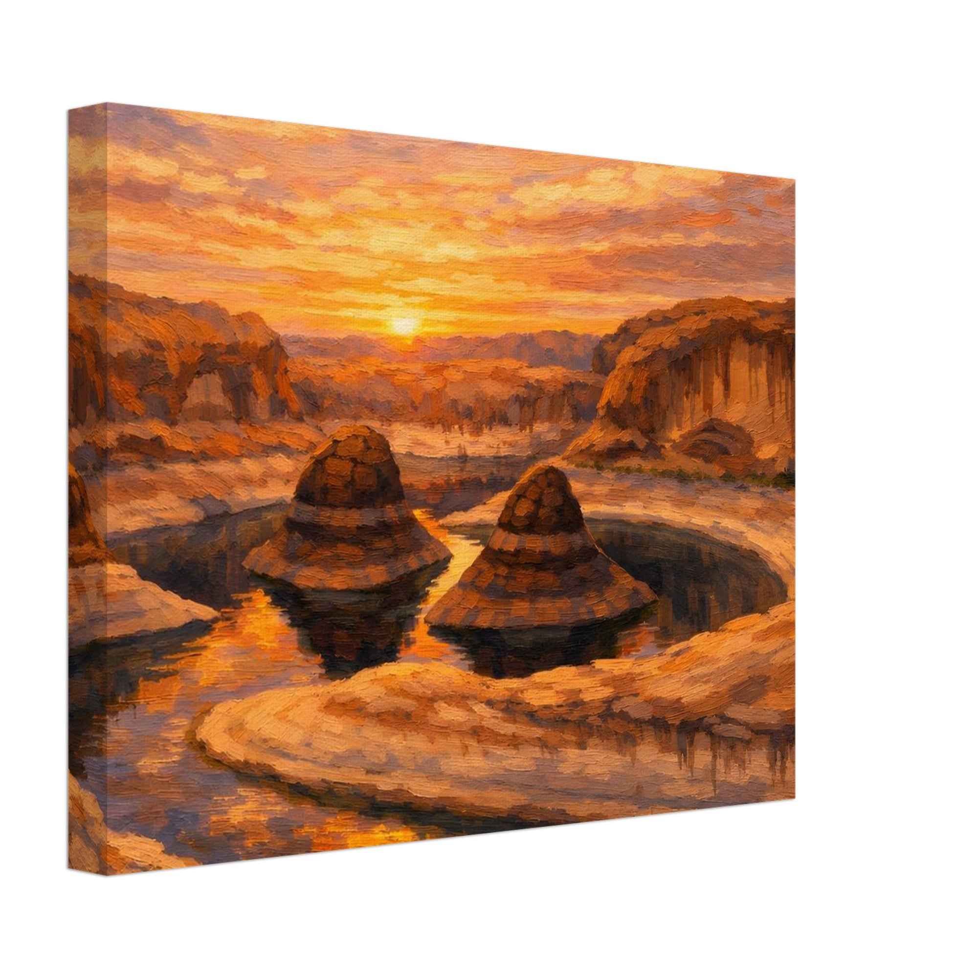 Canvas print of a desert landscape with a sunset over rocky formations and a lake.