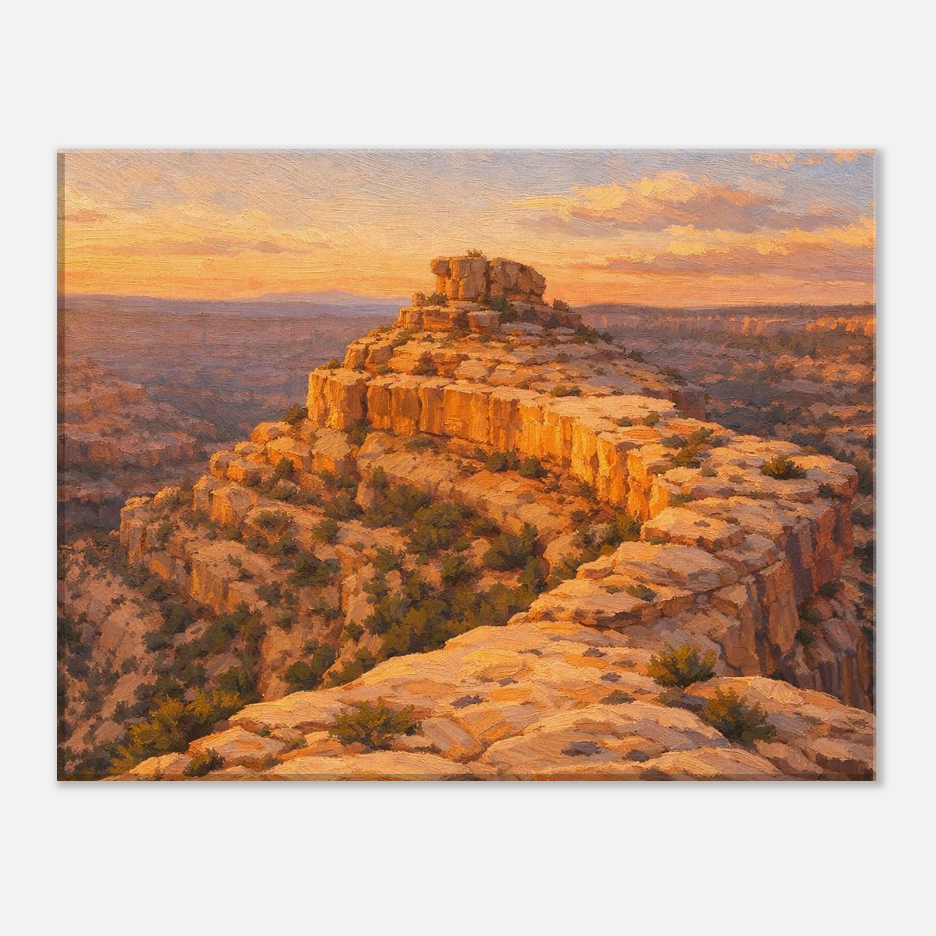 Sunrise over a rocky landscape with a prominent rock formation.