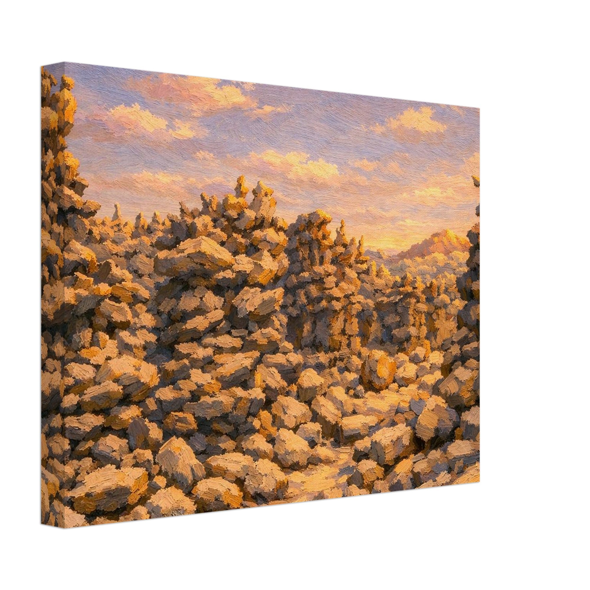 Canvas print of a rocky landscape with a sunrise sky.