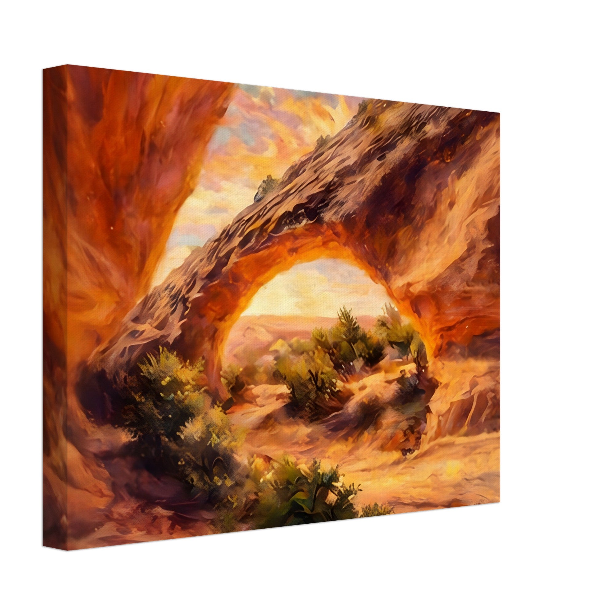 Painting of a natural arch with a scenic landscape