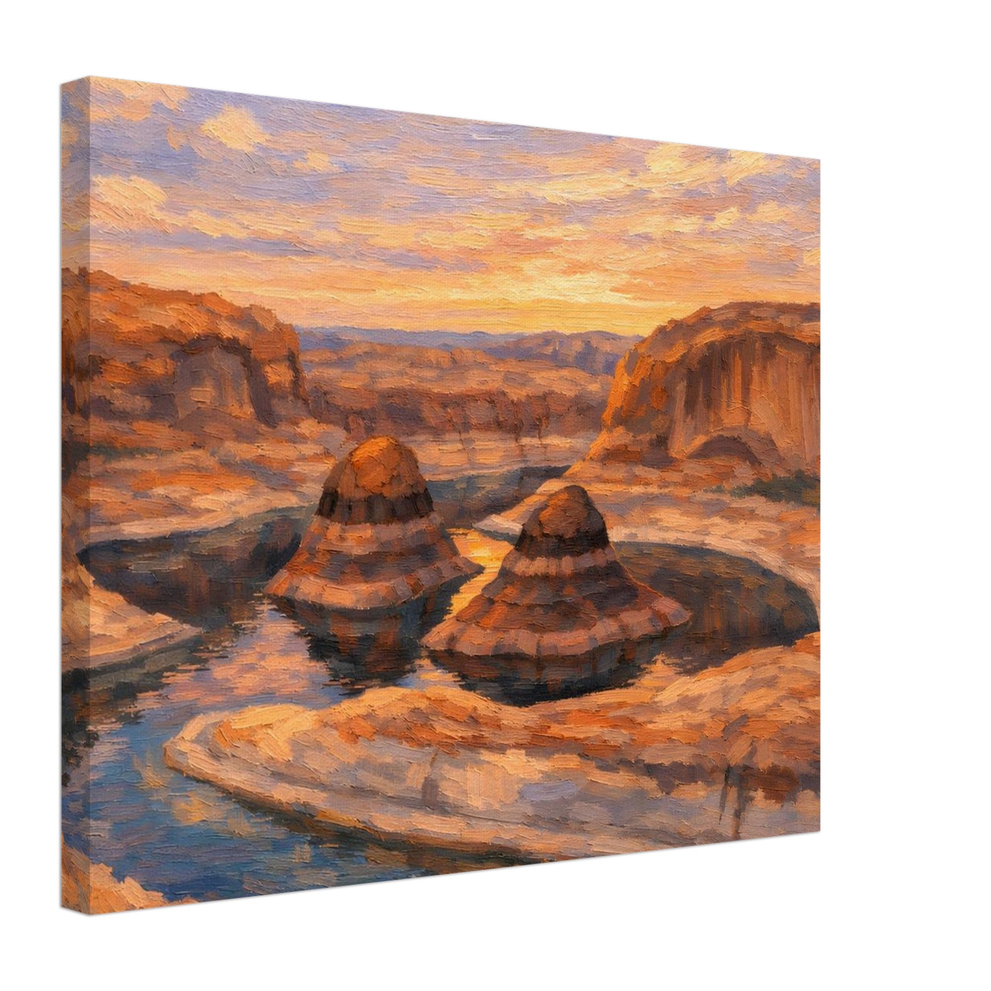 Painting of a desert landscape with rock formations and a sunset sky.
