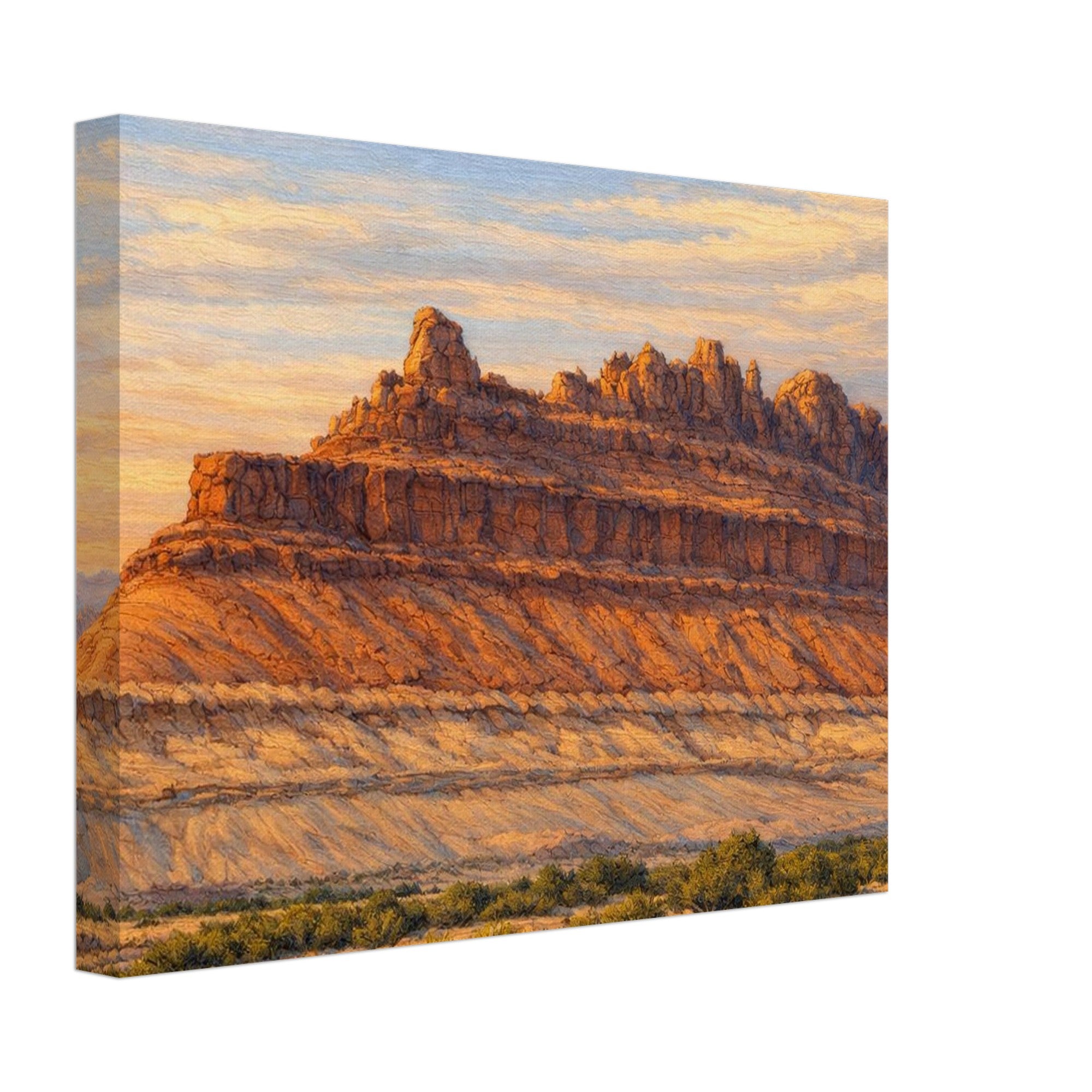 Canvas print of a desert landscape with rock formations and a sunrise sky.