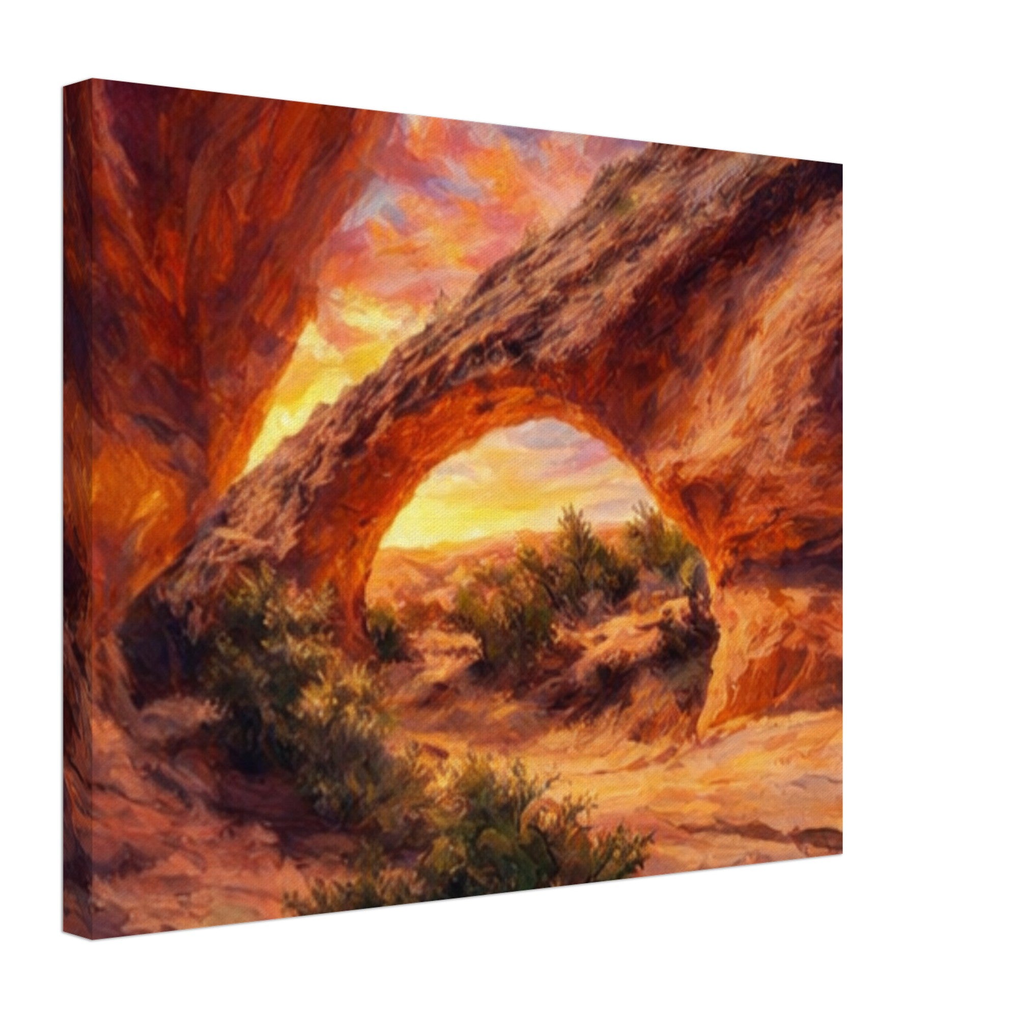 Painting of a desert landscape with a large rock arch and sunset.