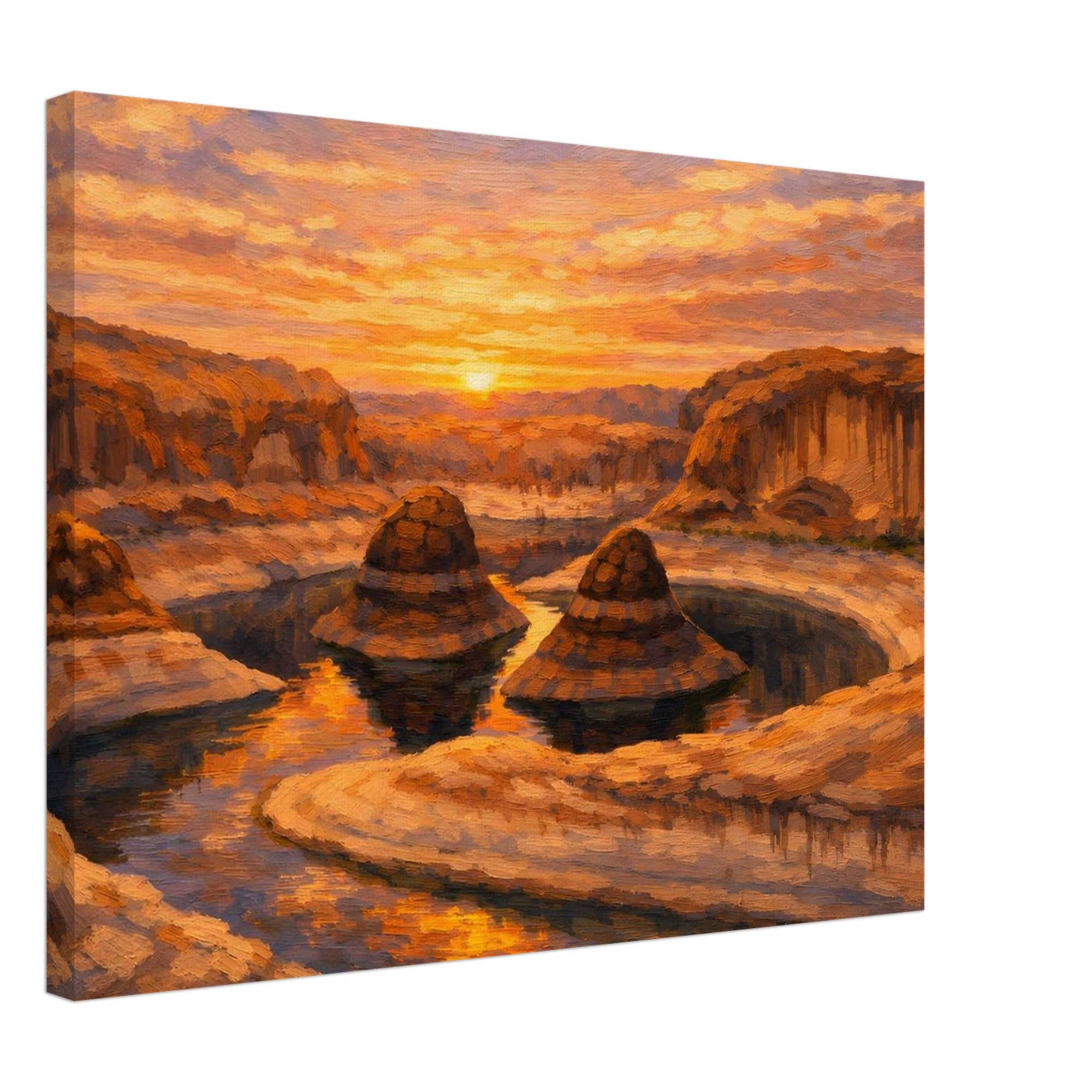Canvas print of a desert landscape with a sunset over rocky formations.