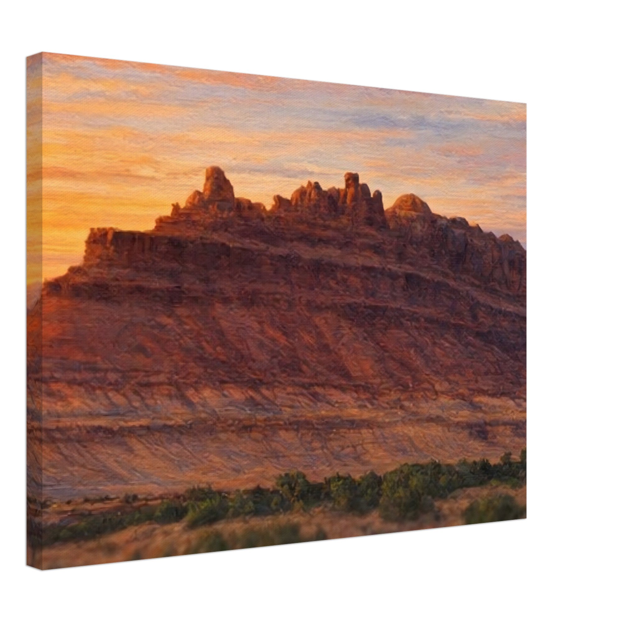 Canvas print of a desert landscape with rocky formations and a sunset sky.