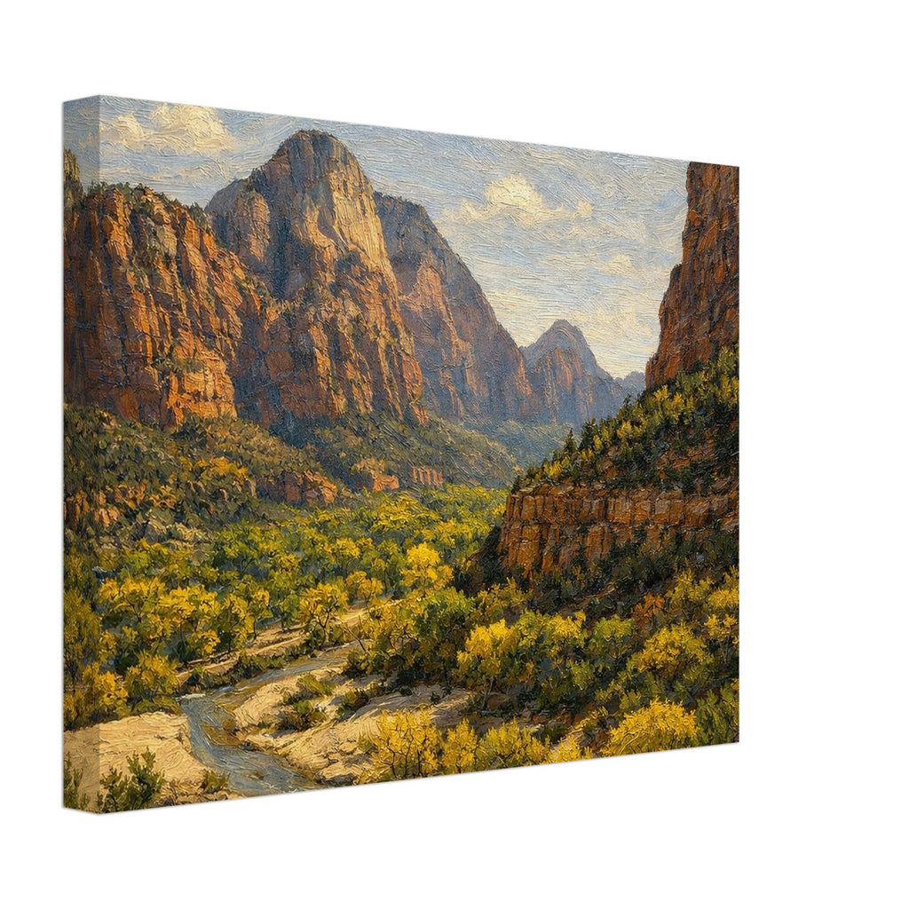 Canvas print of a mountainous landscape with a river and greenery.