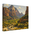 Canvas print of a mountainous landscape with a river and greenery.