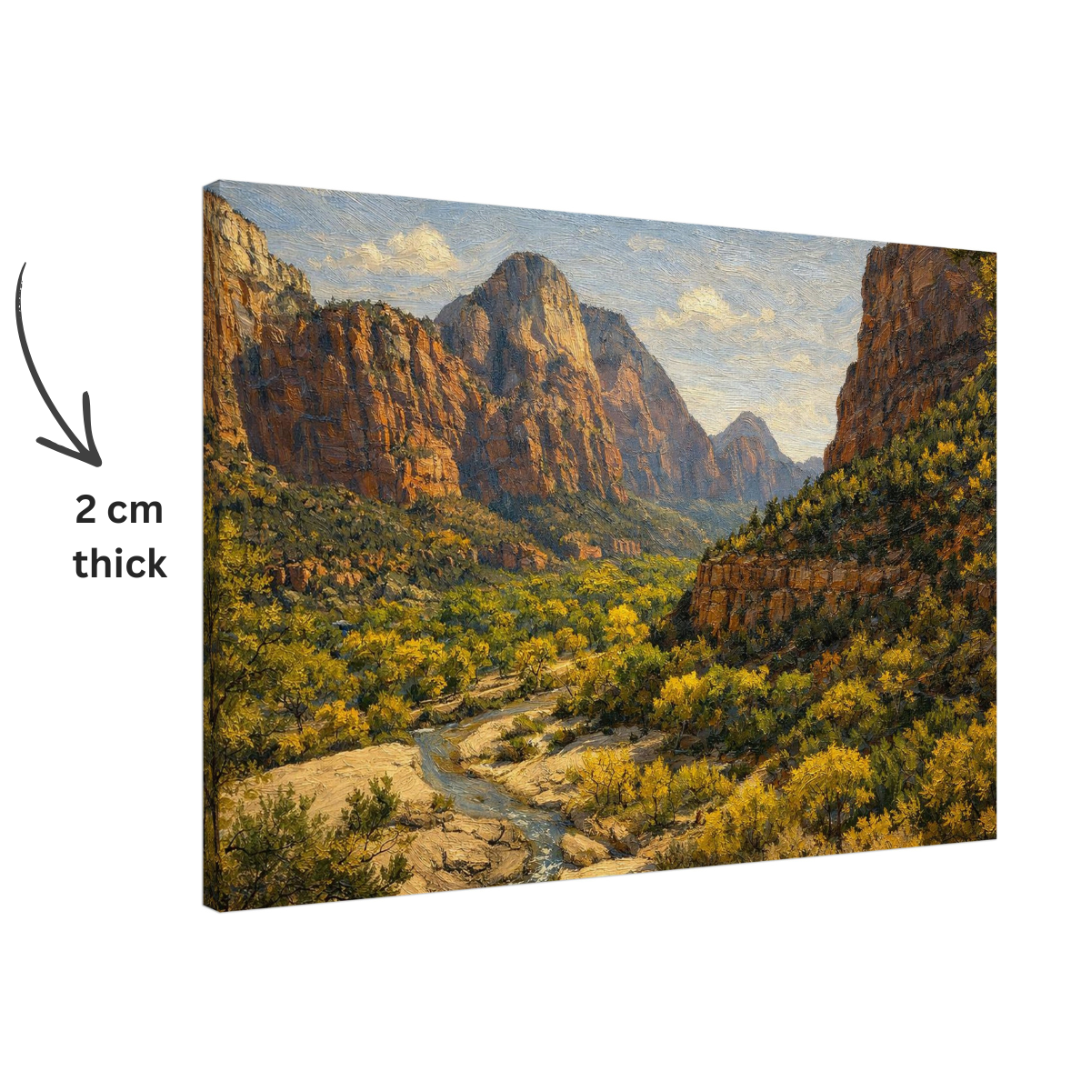 Canvas wall art of Zion's National Park landscape with a 2cm thick label.