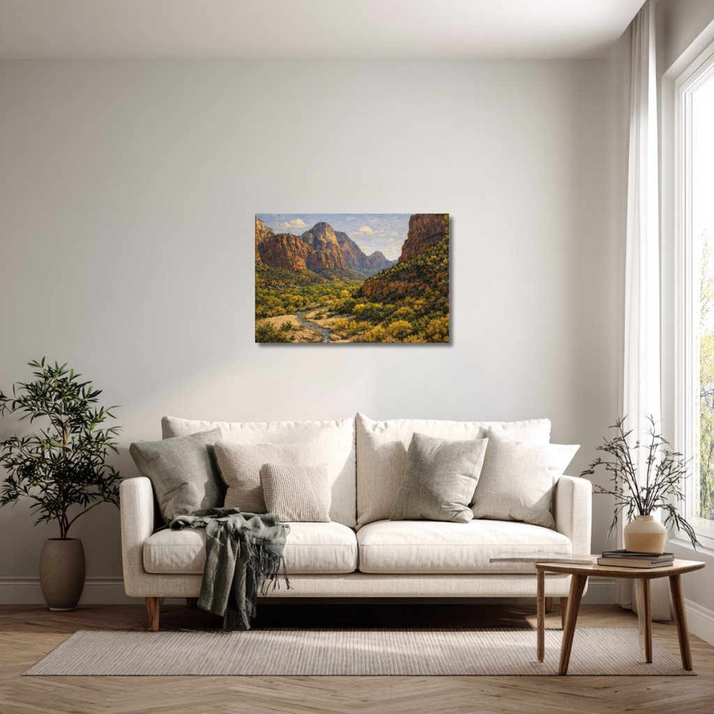 Living room with a white sofa, decorative pillows, and a scenic painting of Zion's National Park on the wall.