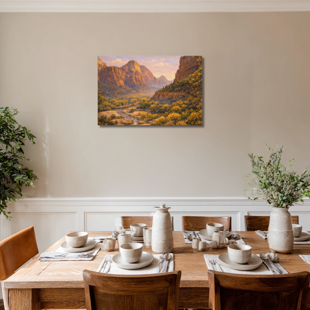 Dining room with a wooden table set for a meal, featuring a scenic landscape painting of Zion's National Park overlooking the Virgin River at sunrise on the wall.