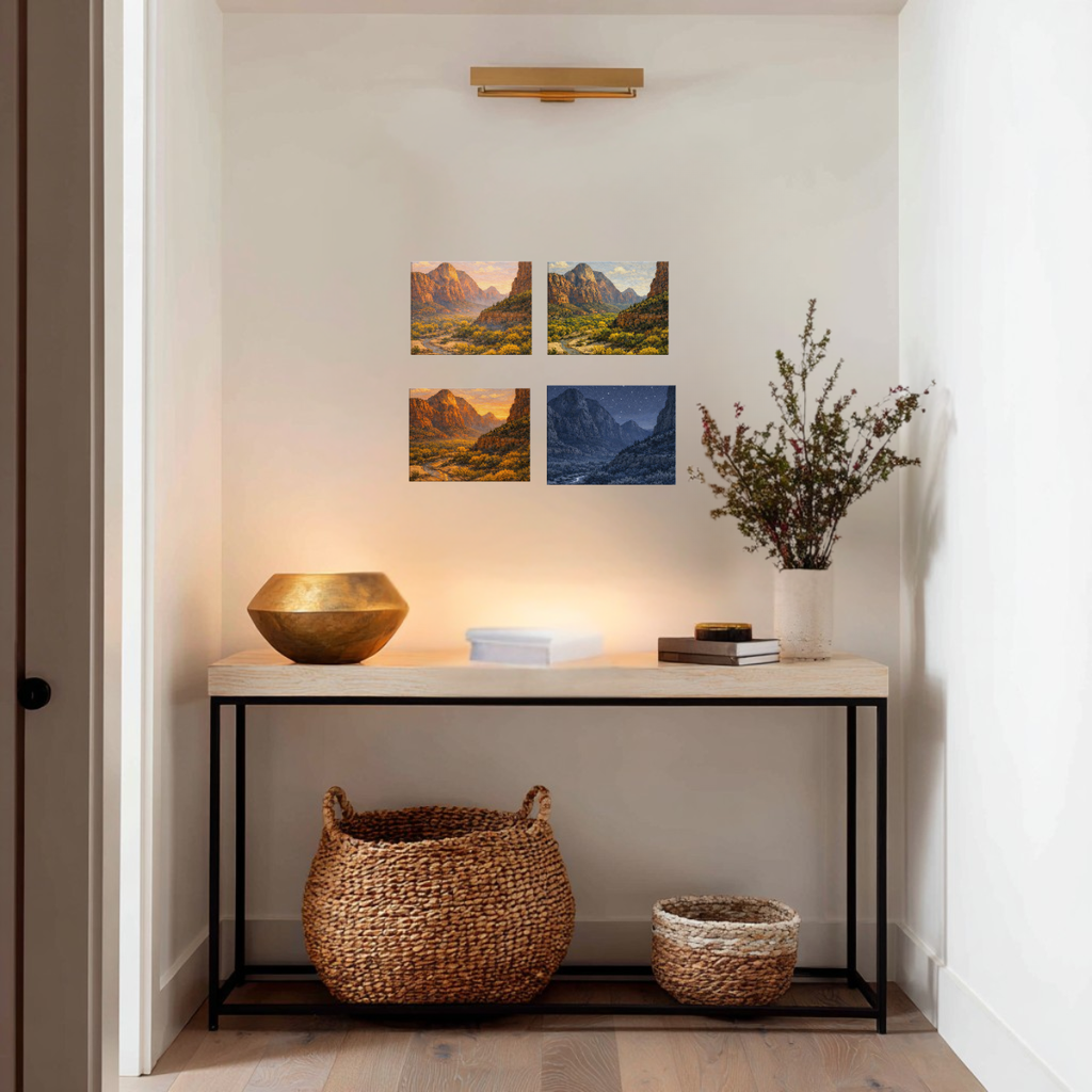 Niche with decorative items including a table, baskets, and four wall art pieces of Zion's National Park each depicting a different time of day.
