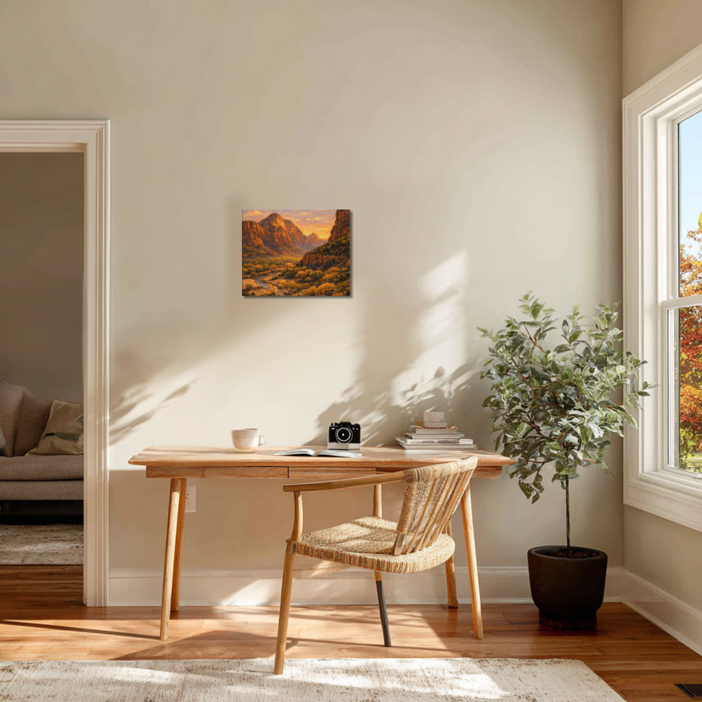 Home office with wooden desk, chair, and decorative elements with canvas wall art of Zion's National Park at sunset.